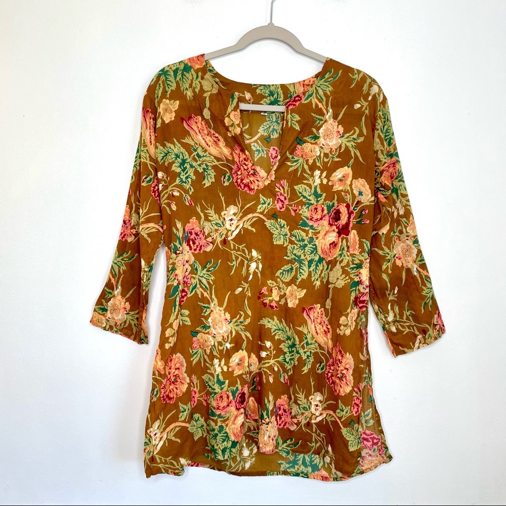 Floral Long Sleeve Swim Cover-Up Women’s Medium 3/4 Sleeve Brown/Pink